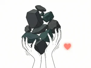 Ilustración minimalista de manos femeninas haciendo malabarismo con figuras pesadas que representan responsabilidades y carga mental, ignorando el bienestar emocional.